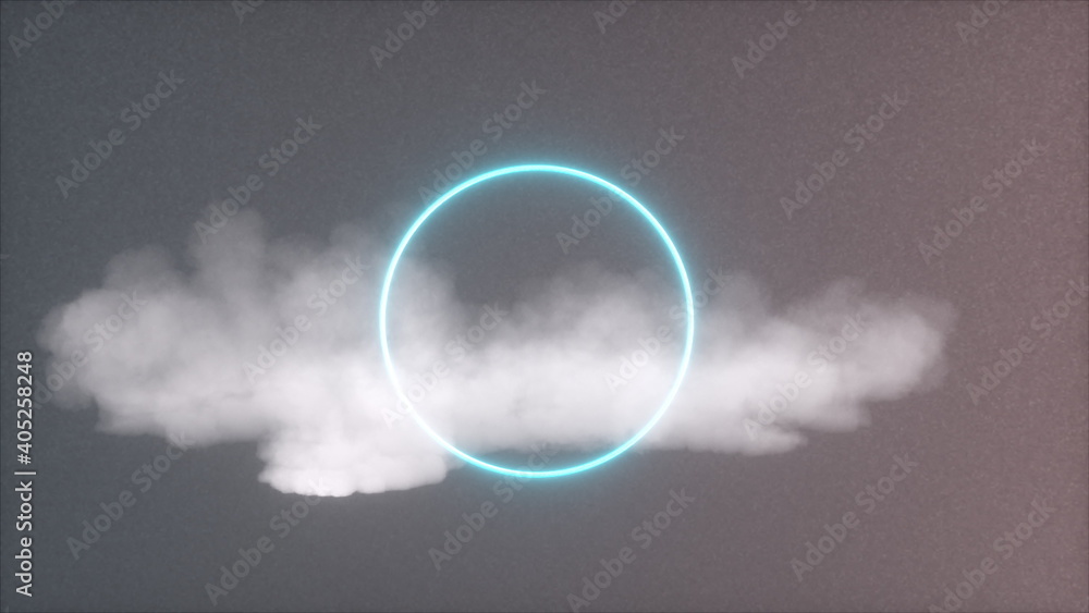 Poster cloud and neon rings on noise backdrop, computer generated. 3d rendering abstract sky