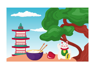 Feng shui cat waving paw, chinese building tower with rice bowl, asian urban landscape, cozy home area flat vector illustration, isolated on white. Concept oriental space, eastern green tree.