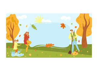 Young family walk in urban city park, character father mother and daughter cleaning outdoor garden flat vector illustration, isolated on white. People together cheerfully collect autumn foliage.