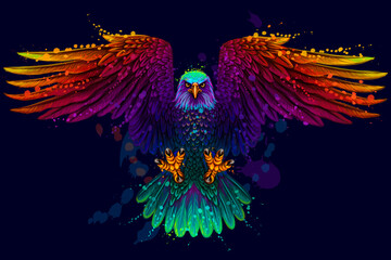 The eagle. Flying bald eagle. 
Color, abstract, neon, art portrait of a soaring bald eagle on dark blue background in pop art style.  Digital vector graphics. Separate layers