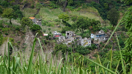 the view of some houses from the trail Estancia Turistica de Passagem in the district Paul, on the island Santo Antao, Cabo Verde, in the month of December