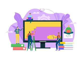 Obraz premium Development computer application, tiny character male female teamwork develop digital app flat vector illustration, isolated on white. Concept modern programming coding, people together engineering.