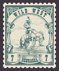 Obraz premium vector image of a cowboy on a horse in the form of a postage stamp printing on paper and t-shirt