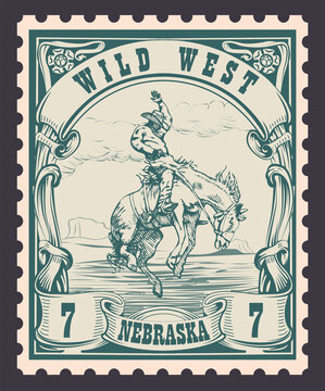 vector image of a cowboy on a horse in the form of a postage stamp printing on paper and t-shirt