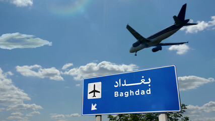 Plane landing in Baghdad Iraq airport with signboard