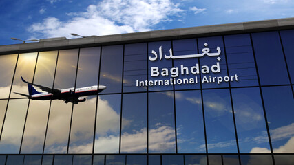 Airplane landing at Baghdad Iraq airport mirrored in terminal