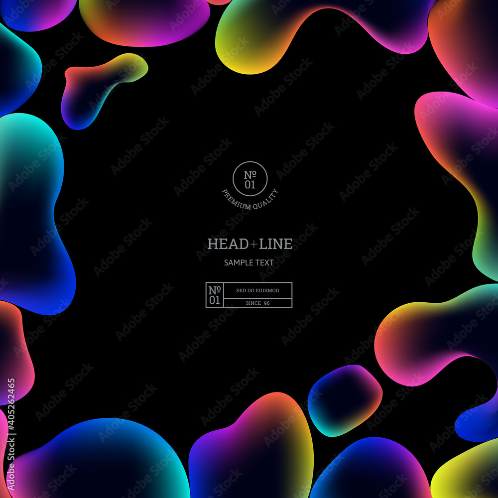 Poster Modern Poster with Colorful Bubbles Frame on Black Background. Abstract Vector Frame. Rainbow Background with Bubbles Shapes.