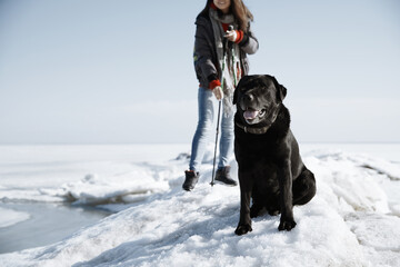 Young adult woman outdoors travelling in icy landscape with her black dog