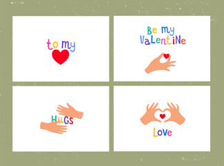 Fototapeta na wymiar Set of Minimalist Cards for Weddings and Valentines Day. Hand Gesture with Heart Shapes. Vector Love Illustrations