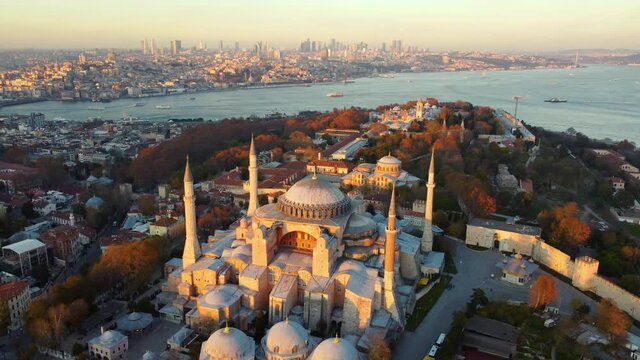 The first rays of the sun illuminate the ancient city of Stabul (Constantinople). Aerial view of Hagia Sophia mosque