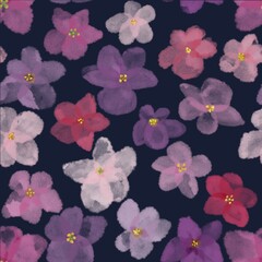 pink and white violets on a dark background, beautiful seamless pattern with flowers, floral wallpaper