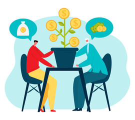Business negotiation, character male sitting communicate dialogue, money tree with money gold coin flat vector illustration, isolated on white. Discussion monetary relationship, cash currency.