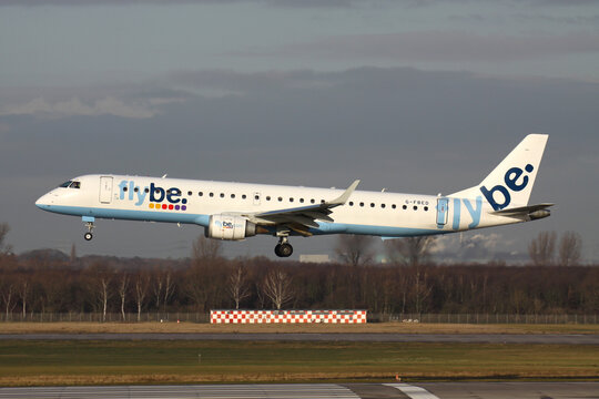 DUSSELDORF, GERMANY - DECEMBER 10, 2011: British flybe Embraer 195 with registration G-FBED on short final for runway 23L of Dusseldorf Airport.