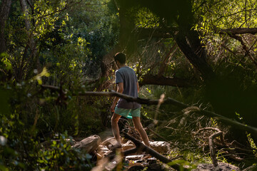 Young man walking in a forest being illuminated by a beam of light