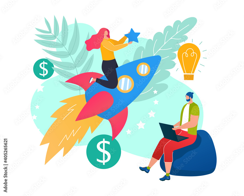 Poster developer start up, woman character sitting rocket launch, programmer work application flat vector i