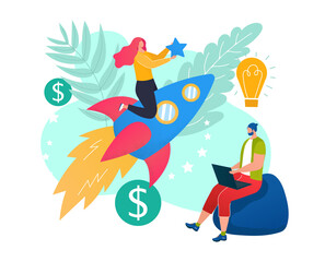 Developer start up, woman character sitting rocket launch, programmer work application flat vector illustration, isolated on white. Modern industry business success, concept creative bulb idea.