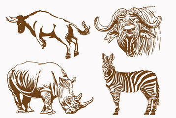 Sepia set of  wild  african animals , vector illustration