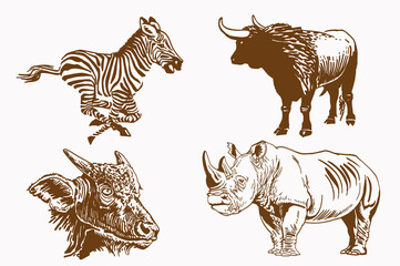 Sepia set of  wild  african animals , vector illustration