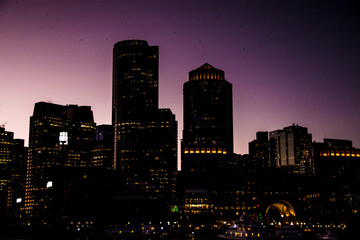 Purple skyline at night in Boston, US 2021