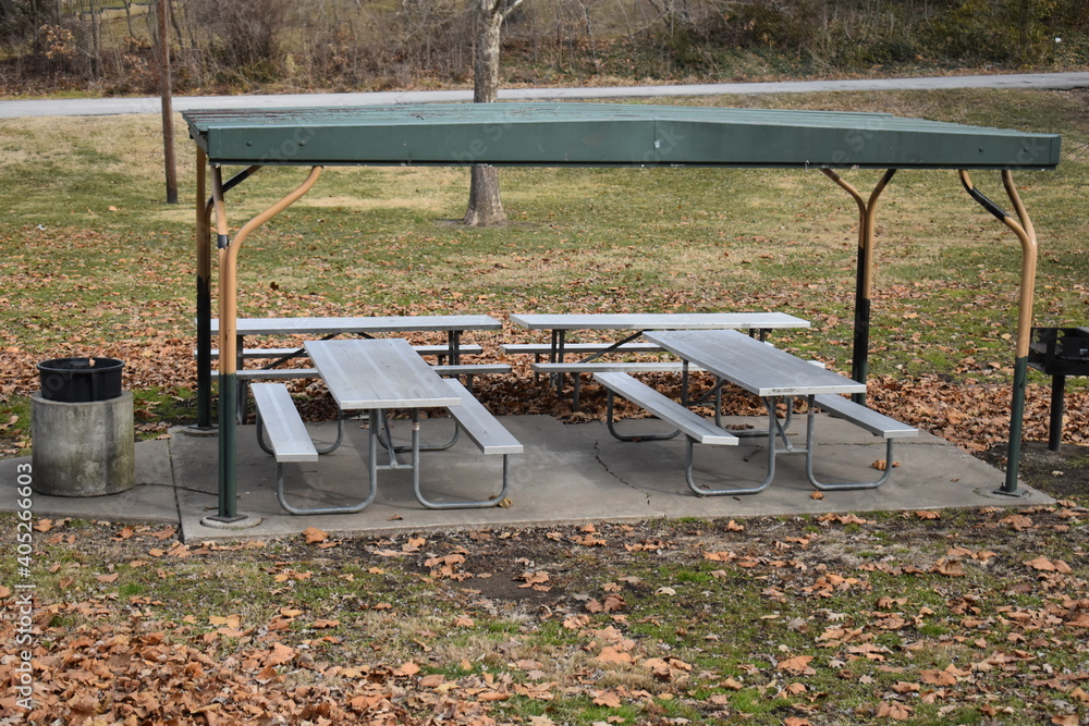 Wall mural park pavilion with picnic tables