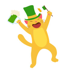 Cheerful ginger cat in leprechaun hat with flag and clover for good luck.  Dwarf vector for St. Patrick's Day party. Pub invitation.  Cartoon style, flat design. Vector illustration.