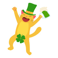 Cheerful ginger cat in leprechaun hat with beer and clover for good luck.  Dwarf vector for St. Patrick's Day party. Pub invitation.  Cartoon style, flat design. Vector illustration.