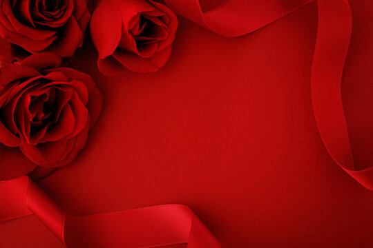 Valentines day card, red roses and ribbon, copy space - Powered by Adobe