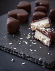 Homemade coconut vegan chocolates heart shaped