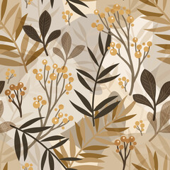 Stylized abstract seamless pattern with graphic floral elements for fabric design, packaging and wallpapers.	