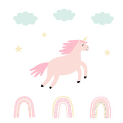 Cute childish Doodle a unicorn, a rainbow and clouds. A set for a design or card.