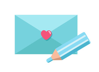 Love letter. Closed envelope with pink heart and pencil. Romantic vector illustration in flat style isolated on white background.  