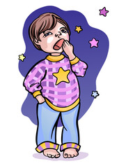 Vector hand drawn illustration of cute little sleepy brown hair little boy in colorful pajama, yawns and preparing to sleep in the evening.