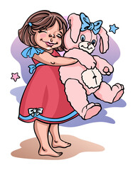 Vector hand drawn illustration of little beautiful sleepy girl in red nightdress, staying and hugging her pink bunny toy.