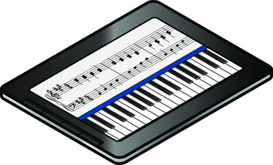 A tablet in use in music education or content creation or performance. Screen shows a musical score and virtual musical keyboard.