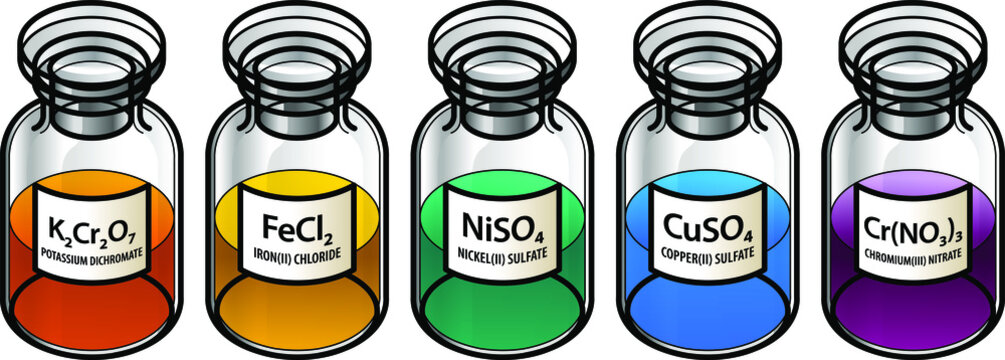 Five transition metal compounds - potassium dichromate (orange), iron chloride (yellow), nickel sulfate (green), copper sulfate (blue), chromium nitrate (purple) - in clear glass reagent bottles.