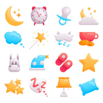 Set of modern vector flat baby icons on the topic of sleep time. Cute decorations for baby items and room. Image of the moon and stars, pillow, dreams. All pictures are isolated.