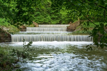 Cascade of three weirs on the river Juhyne. East Moravia. Czech Republic. Europe. 