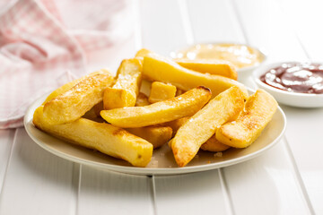 Big french fries. Fried potato chips.