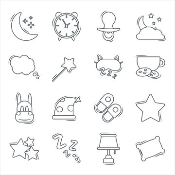 Set of modern outline vector flat baby icons on the topic of sleep time. Cute decorations for baby items and room. Image of the moon and stars, pillow, dreams. All pictures are isolated.