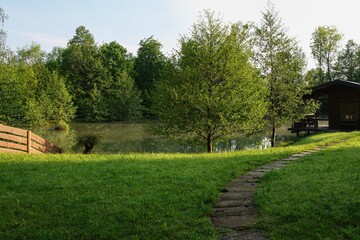 Fototapeta na wymiar Spring morning by the pond. East Moravia. Czech Republic. Europe. 