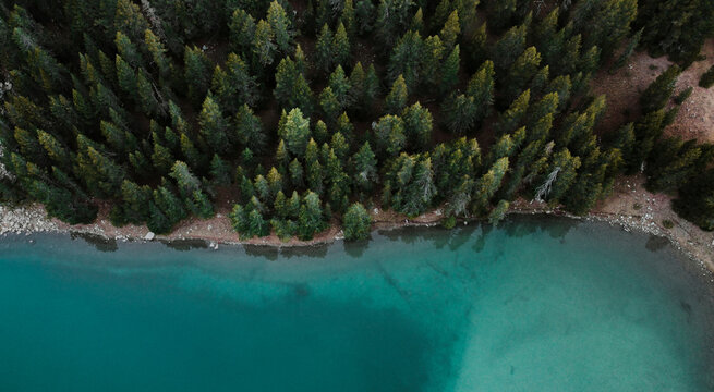 Drone shot of Ibon Del Plan lake next to forest during fall season, Huseca, Spain