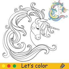 Cute unicorn head with long mane. Coloring book page with colorful template. Vector cartoon illustration isolated on white background. For coloring book, preschool education, print and game.
