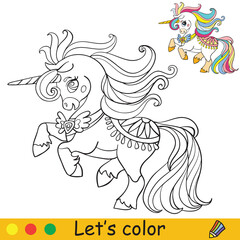 Cute elegant unicorn in dress. Coloring book page with colorful template. Vector cartoon illustration isolated on white background. For coloring book, preschool education, print and game.