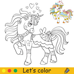 Cute unicorn with butterfly and hearts. Coloring book page with colorful template. Vector cartoon illustration isolated on white background. For coloring book, preschool education, print and game.