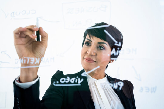 Portrait of businesswoman writing on transparent wipe board
