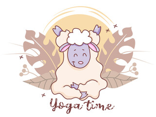 Pets yoga time. A cute lamb is engaged in yoga, sitting in an asana and stretched on a decorative background with tropical leaves. Concept - yoga time. Vector. Design and decoration and greeting card