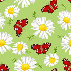 Red butterflies and white daisies seamless pattern. Floral background. Vector spring illustration in cartoon flat style.
