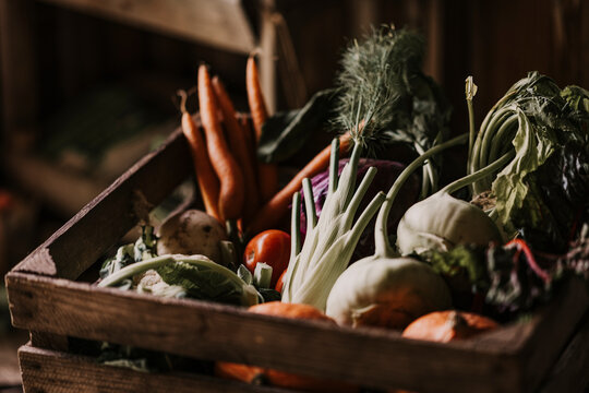 Close-up of fresh and organic vegetables in box