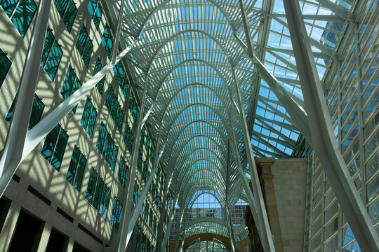 An indoor street covered by steel arches