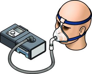 A CPAP (continuous positive air pressure) machine used in the treatment of sleep apnoea. Shown with a mask fitted over a head.